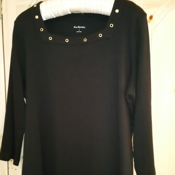 Kim Rogers Embellished Square Neck Knit Top Large 3/4 Sleeve Black Knit - Picture 1 of 7